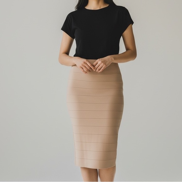 BCBGMaxAzria Dresses & Skirts - BCBGMaxAzria Tan Ribbed Midi Pencil Skirt NWT ( Alexa )